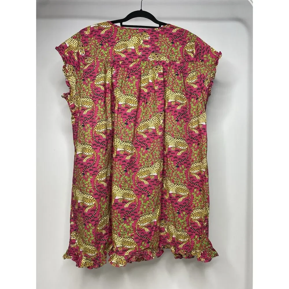 Printfresh Bagheera Pintuck Sleep Dress Women's Plus 1X Cotton Pink Leopard - Picture 5 of 7